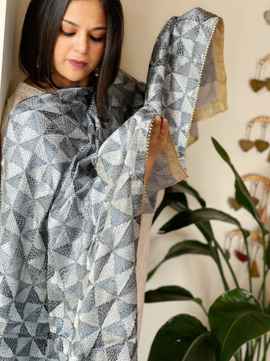 Grey Handmade Jaal Phulkari Dupatta in Pure Chinon