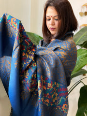 Blue Woven Pashmina Zari Shawl with Kaani Pallu