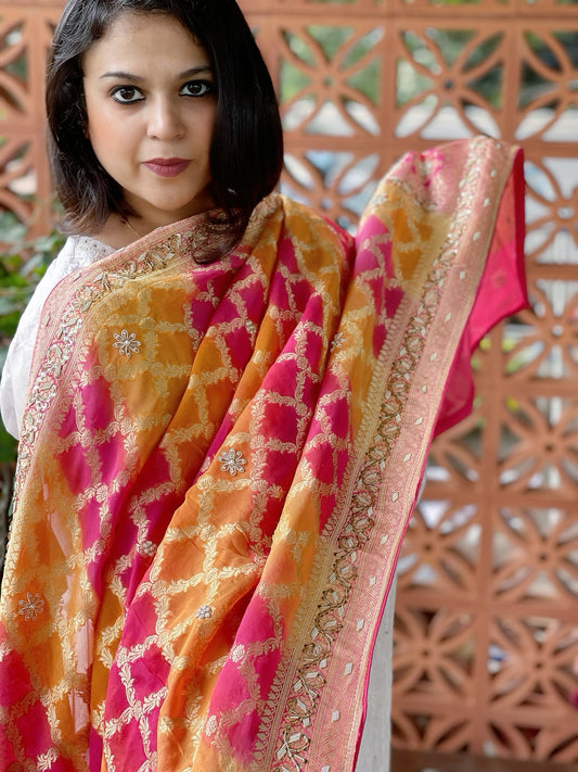 Orange, Pink Handwoven NeemZari Bareek Bandhani with Dabka Handwork in Pure Georgette