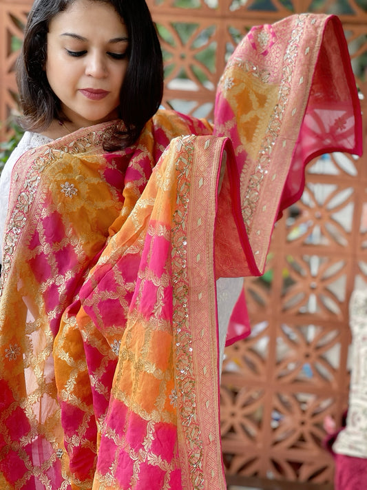 Orange, Pink Handwoven NeemZari Bareek Bandhani with Dabka Handwork in Pure Georgette