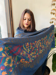 Blue Woven Pashmina Zari Shawl with Kaani Pallu