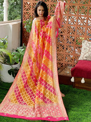 Orange, Pink Handwoven NeemZari Bareek Bandhani with Dabka Handwork in Pure Georgette