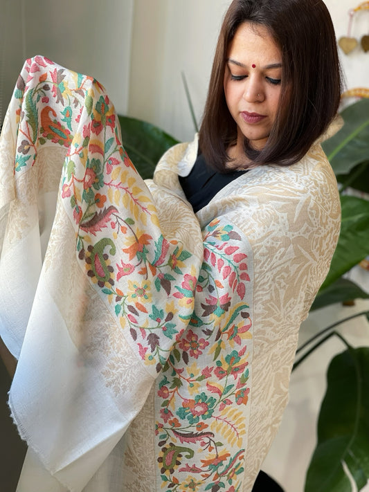 Off-White Woven Pashmina Zari Shawl with Kaani Pallu