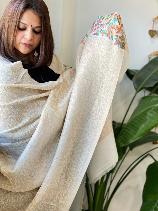 Off-White Woven Pashmina Zari Shawl with Kaani Pallu