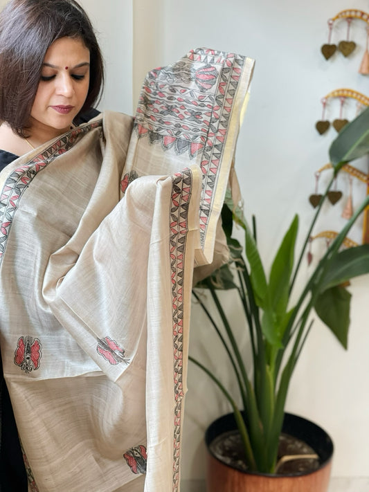 Handpainted Madhubani Dupatta in Pure Chanderi Silk