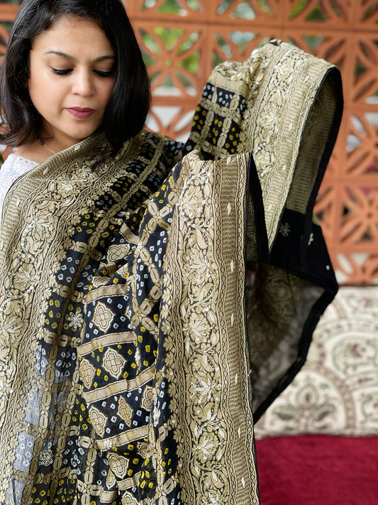 Black Handwoven NeemZari Bareek Bandhani with Dabka Handwork in Pure Georgette