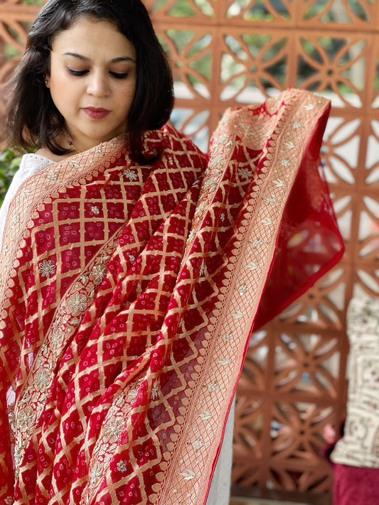 Red Handwoven NeemZari Bareek Bandhani with Dabka Handwork in Pure Georgette