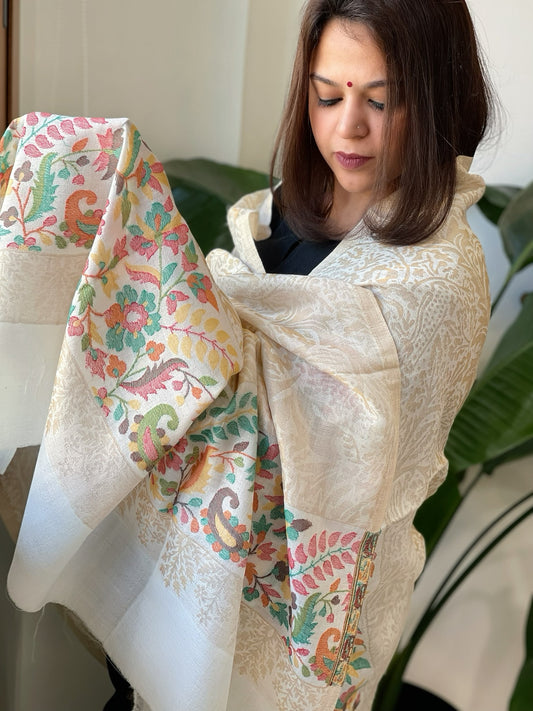 Off-White Woven Pashmina Zari Shawl with Kaani Pallu