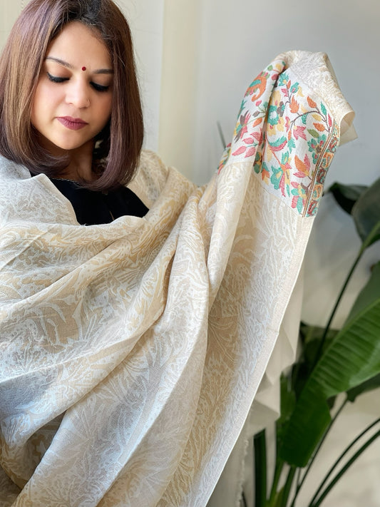 Off-White Woven Pashmina Zari Shawl with Kaani Pallu