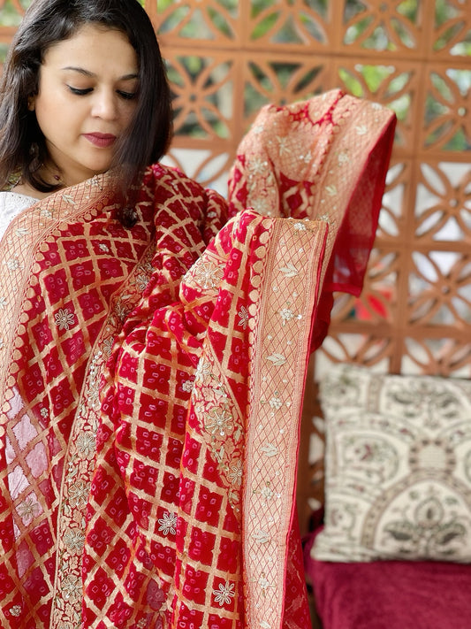Red Handwoven NeemZari Bareek Bandhani with Dabka Handwork in Pure Georgette