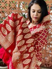 Red Handwoven NeemZari Bareek Bandhani with Dabka Handwork in Pure Georgette