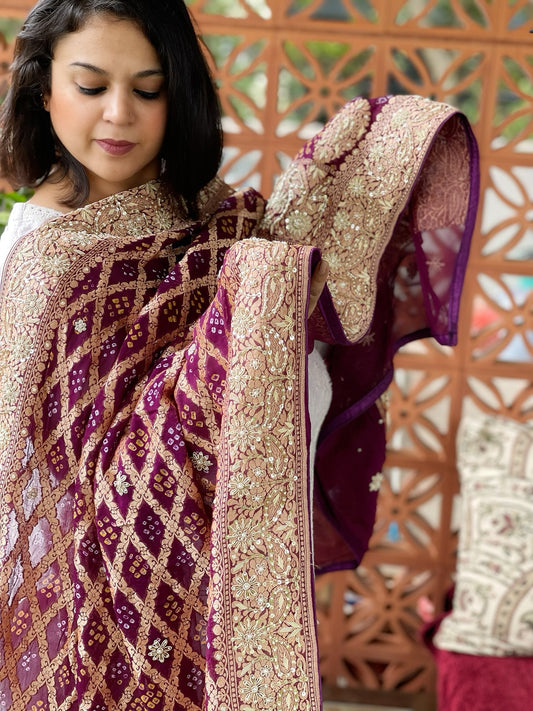 Wine Handwoven NeemZari Bareek Bandhani with Dabka Handwork in Pure Georgette