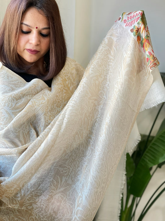 Off-White Woven Pashmina Zari Shawl with Kaani Pallu