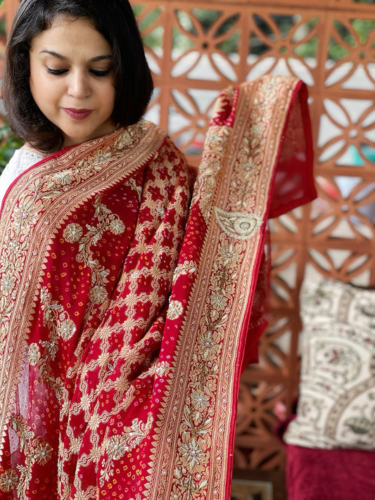 Red Handwoven NeemZari Bareek Bandhani with Dabka Handwork in Pure Georgette