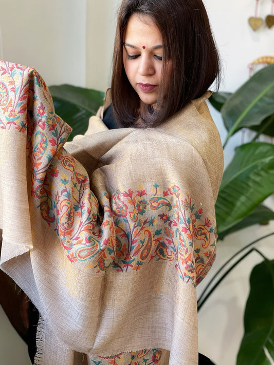 Lite Brown Woven Pashmina Zari Shawl with Kaani Pallu