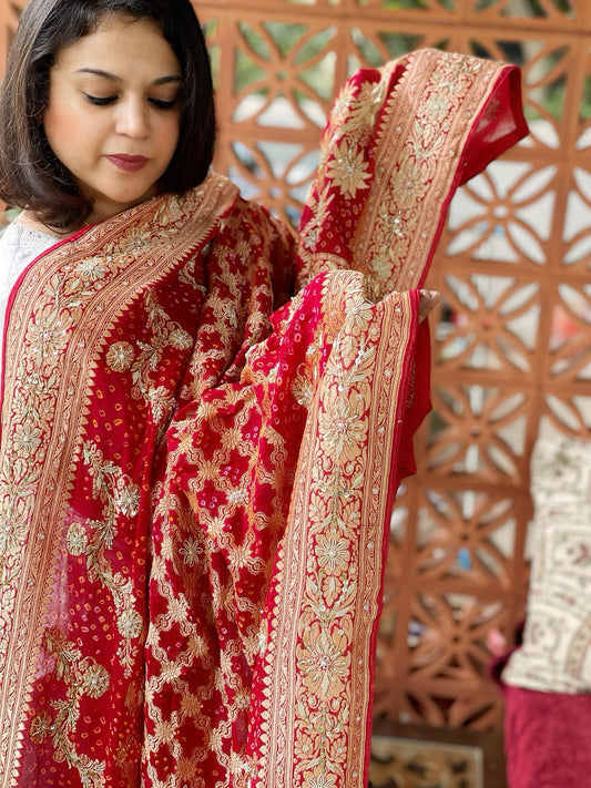 Red Handwoven NeemZari Bareek Bandhani with Dabka Handwork in Pure Georgette