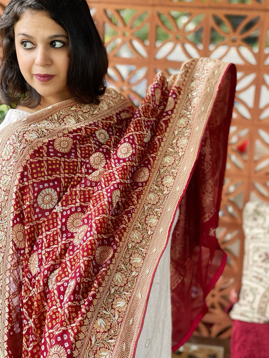 Maroon Handwoven NeemZari Bareek Bandhani with Dabka Handwork in Pure Georgette