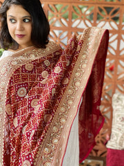 Maroon Handwoven NeemZari Bareek Bandhani with Dabka Handwork in Pure Georgette