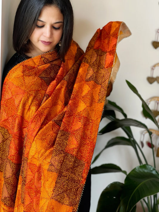 Burnt Orange Handmade Jaal Phulkari Dupatta in Pure Chinon