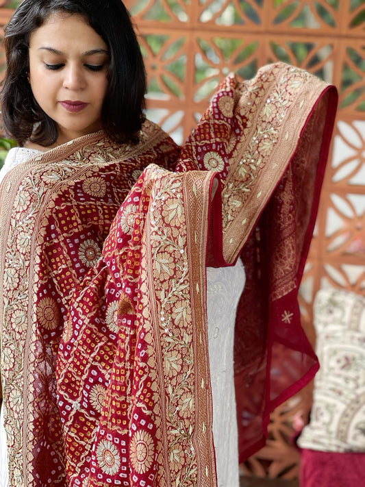 Maroon Handwoven NeemZari Bareek Bandhani with Dabka Handwork in Pure Georgette