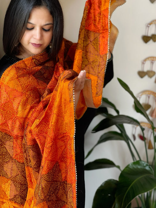 Burnt Orange Handmade Jaal Phulkari Dupatta in Pure Chinon