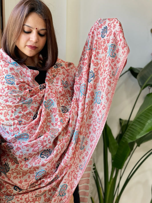Red, White Woven Pashmina Kaani Shawl with Thread Embroidery