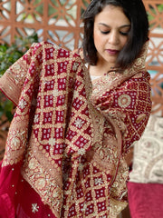 Maroon Handwoven NeemZari Bareek Bandhani with Dabka Handwork in Pure Georgette
