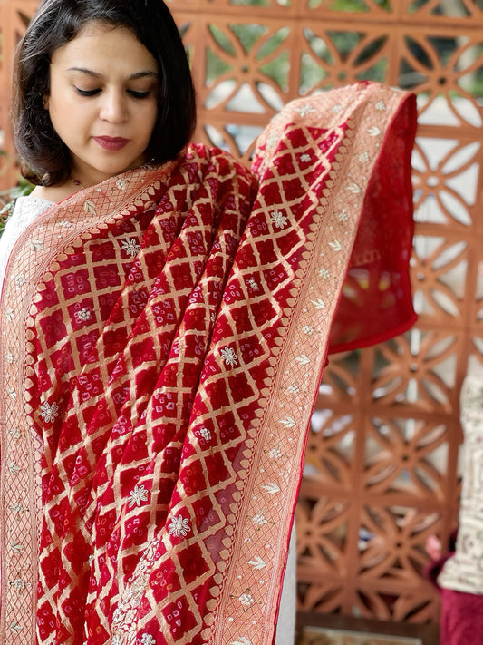 Red Handwoven NeemZari Bareek Bandhani with Dabka Handwork in Pure Georgette