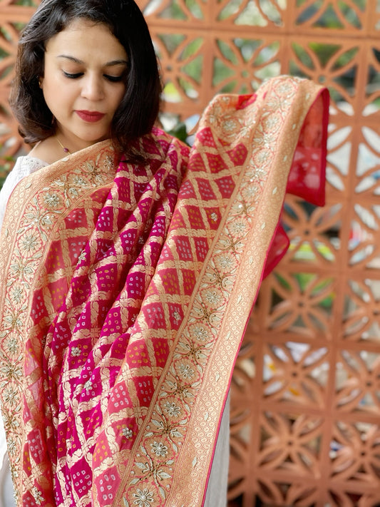 Pink Handwoven NeemZari Bareek Bandhani with Dabka Handwork in Pure Georgette