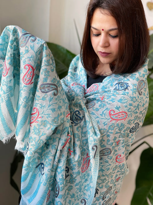 Blue, White Woven Pashmina Kaani Shawl with Thread Embroidery