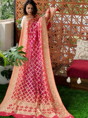 Pink Handwoven NeemZari Bareek Bandhani with Dabka Handwork in Pure Georgette