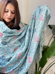 Blue, White Woven Pashmina Kaani Shawl with Thread Embroidery