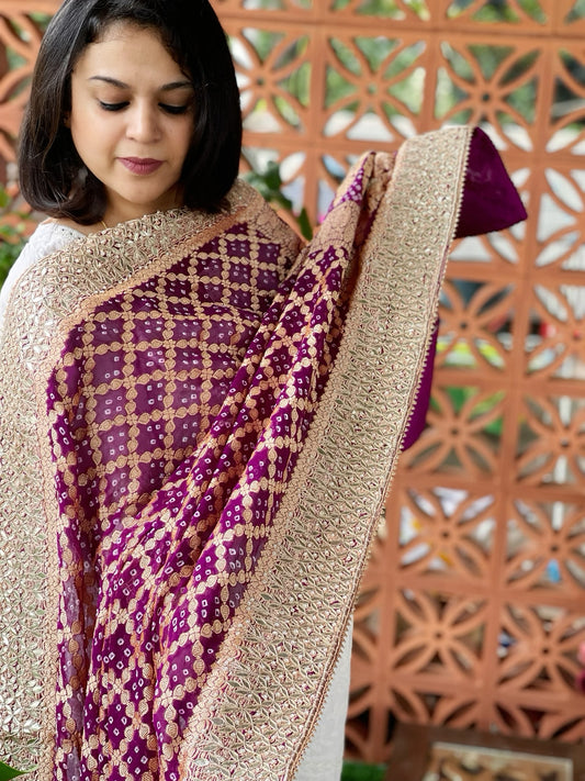 Wine Handwoven NeemZari Bareek Bandhani with Gotapatti Handwork in Pure Georgette