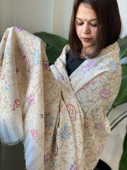 Ivory, Beige Woven Pashmina Kaani Shawl with Thread Embroidery