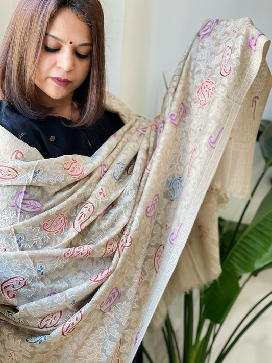 Ivory, Beige Woven Pashmina Kaani Shawl with Thread Embroidery