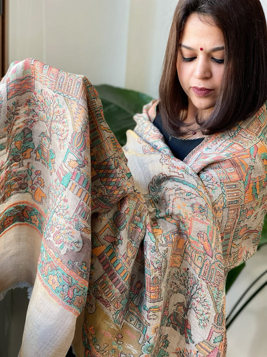 Gold Woven Zari Pashmina Shawl with Kaani Design Border & Pallu