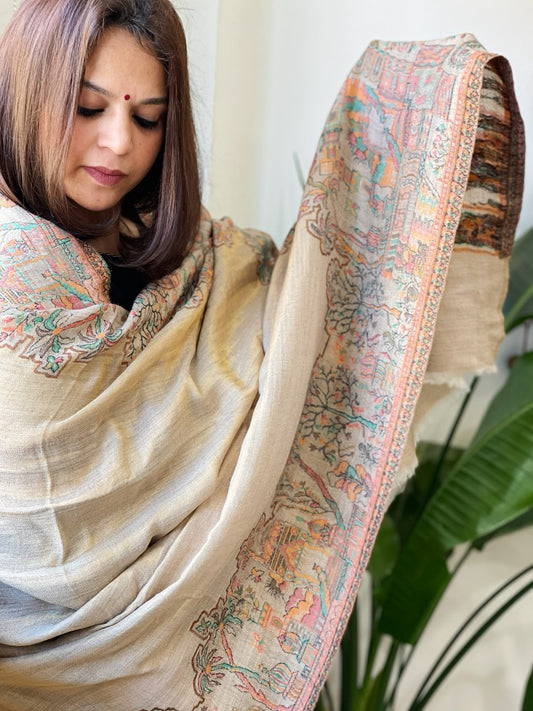 Gold Woven Zari Pashmina Shawl with Kaani Design Border & Pallu