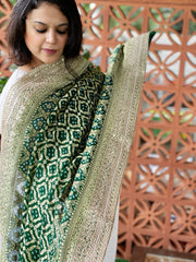 Green Handwoven NeemZari Bareek Bandhani with Gotapatti Handwork in Pure Georgette