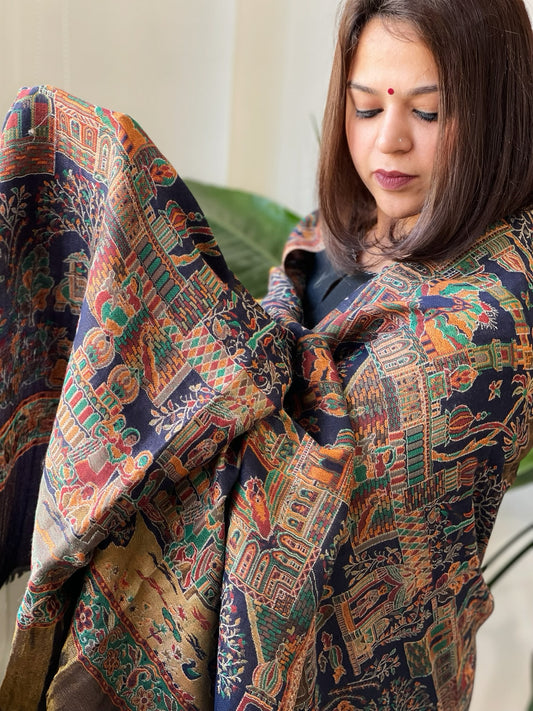 Navy Woven Zari Pashmina Shawl with Kaani Design Border & Pallu