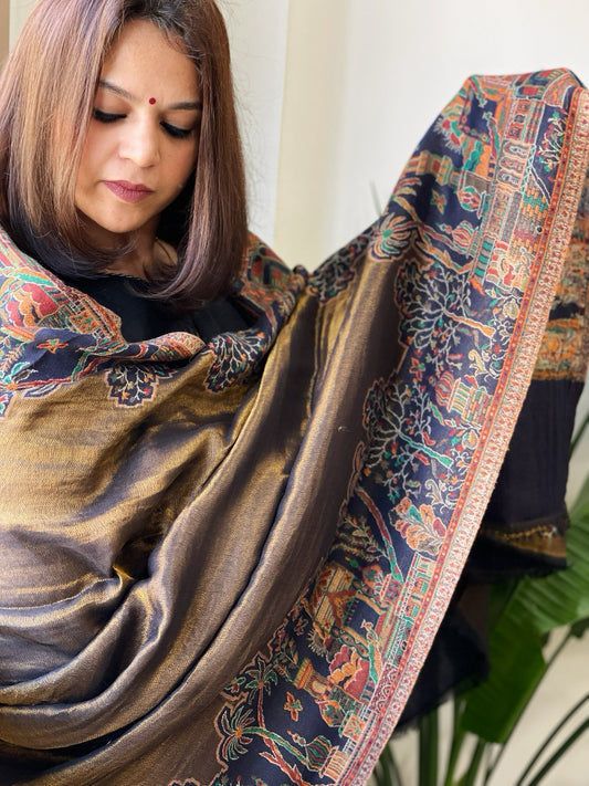 Navy Woven Zari Pashmina Shawl with Kaani Design Border & Pallu