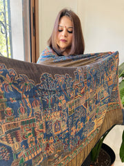 Blue Woven Zari Pashmina Shawl with Kaani Design Border & Pallu