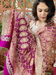 Wine Handwoven NeemZari Bareek Bandhani with Gotapatti Handwork in Pure Georgette
