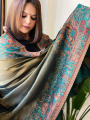 Peacock Woven Zari Pashmina Shawl with Kaani Design Border & Pallu