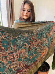 Peacock Woven Zari Pashmina Shawl with Kaani Design Border & Pallu