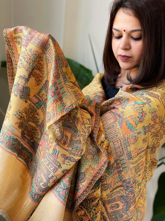 Yellow Woven Zari Pashmina Shawl with Kaani Design Border & Pallu
