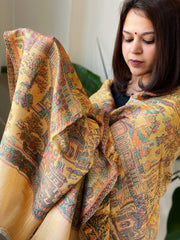 Yellow Woven Zari Pashmina Shawl with Kaani Design Border & Pallu