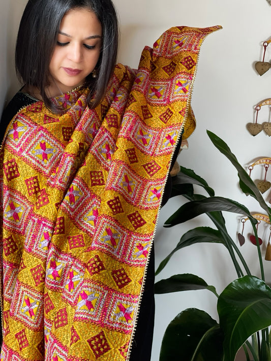 Handmade Bagh Phulkari Dupatta in Silk