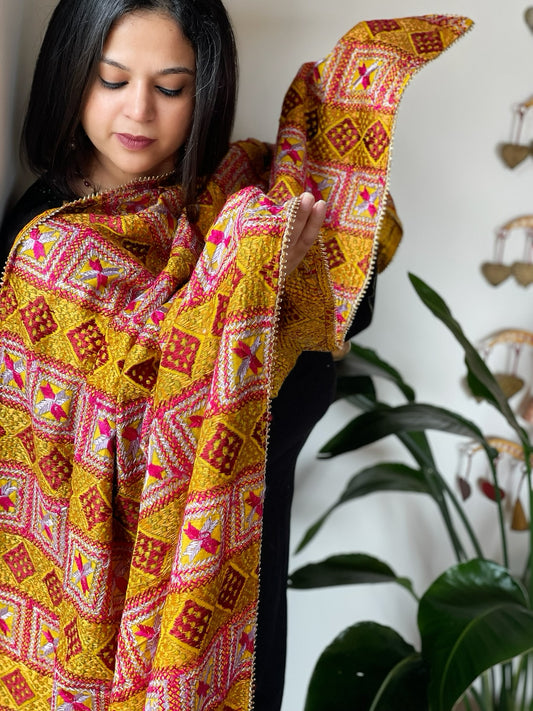 Handmade Bagh Phulkari Dupatta in Silk