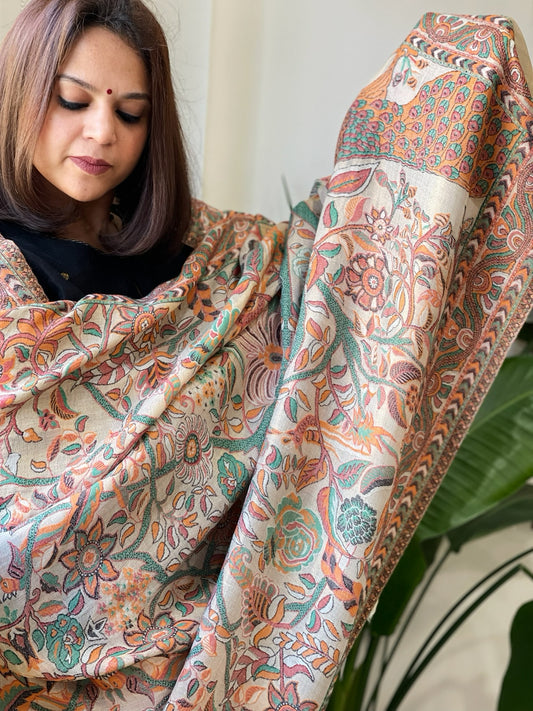 Gold Woven Zari Pashmina Shawl with Kaani Jaal Design