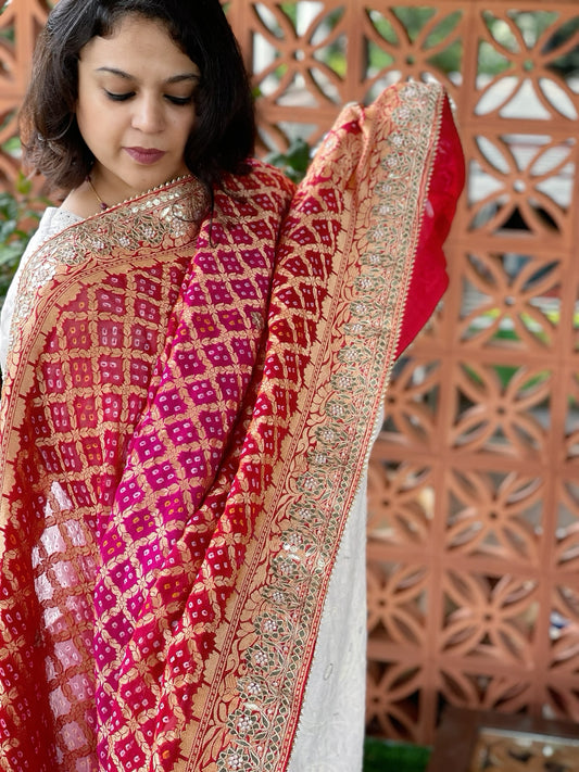 Pink, Red Handwoven NeemZari Bareek Bandhani with Gotapatti Handwork in Pure Georgette